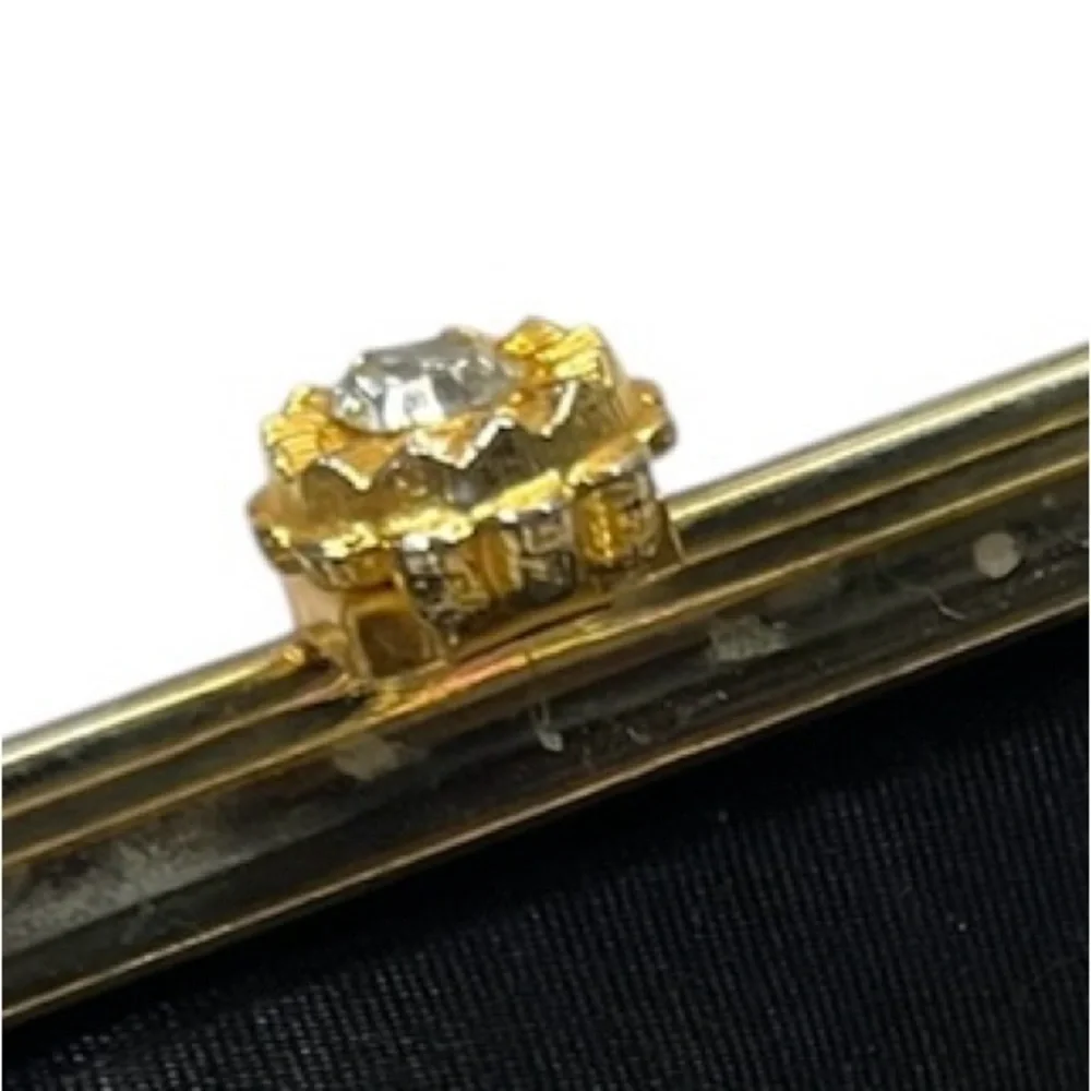 Vintage Patent Leather Evening Clutch Kiss Lock Gold Rhinestone Flower